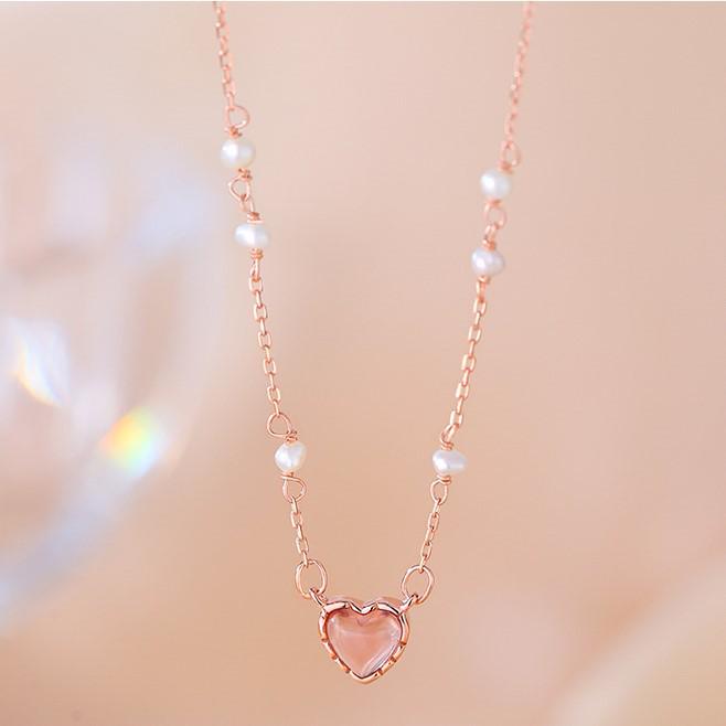 Chic Heart Pearl & Pink Crystal Rose Gold Necklace