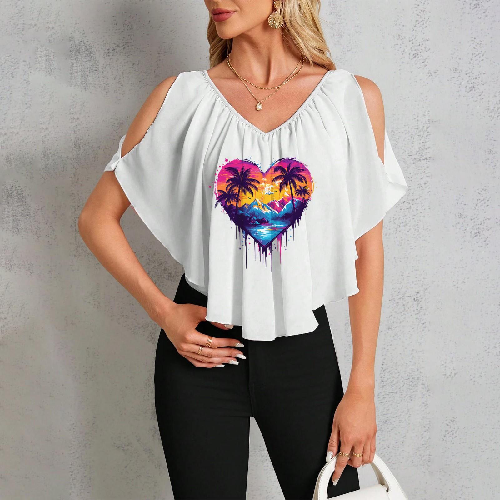 

Women s Casual V-Neck Off-Shoulder Hawaiian Print T-Shirt S