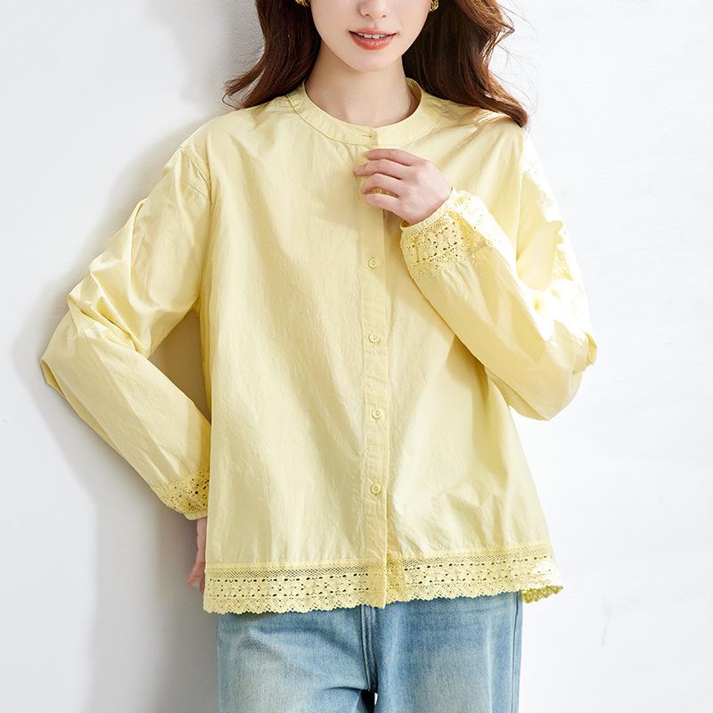 

Goose Yellow Shirt for Women Long-sleeved Summer New Lace Top Loose Slimming Shirt M