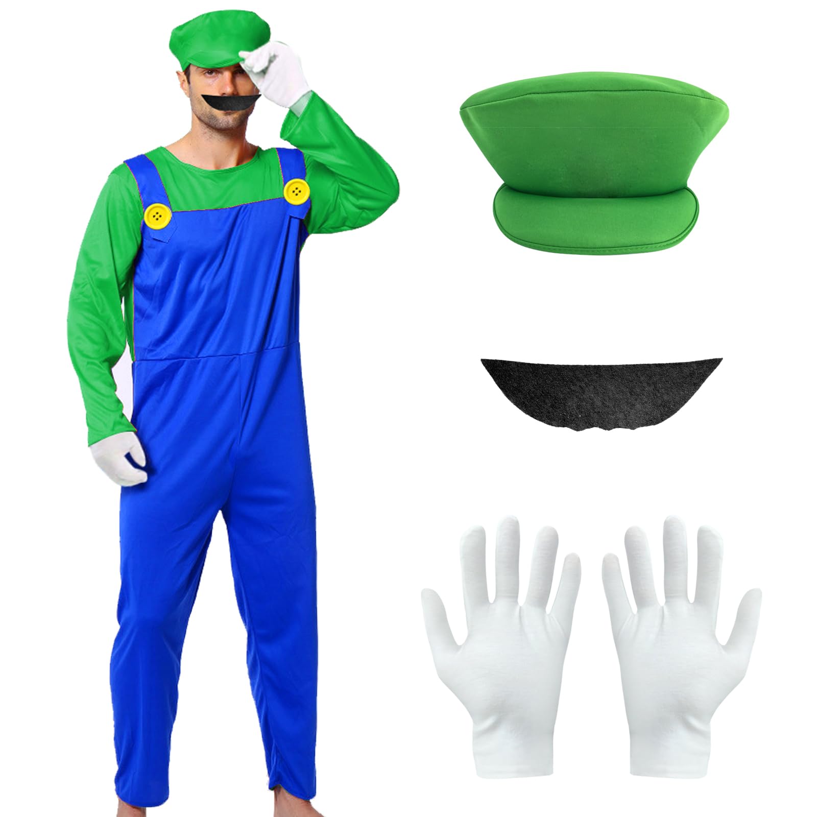 

TUAHOUS Super Mario Brothers Luigi Cosplay with and Perfect for School and as a Gift Size Costume, Unisex, Hat, Gloves, Beard, Halloween, Christmas, зелёный