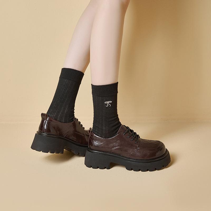 Loafers Women's 2025 Autumn New Leather Platform Lace-up Versatile Height-increasing Small Leather Shoes Retro Brown JK Women's Shoes