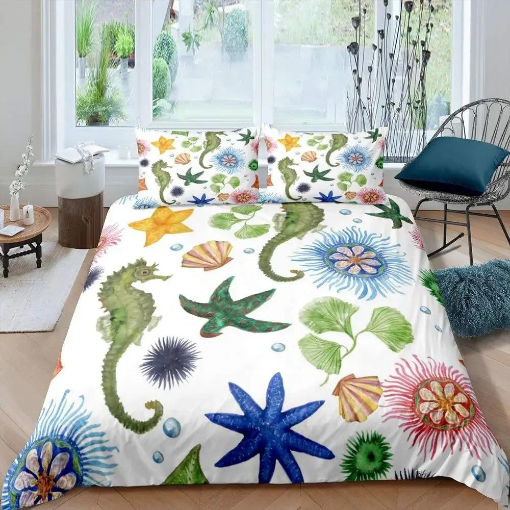 Ocean Animal Duvet Cover Set Coral Marine Life Home Textile Sea Urchin Soft Quilt Cover Cute Seahorse King Size Bedding