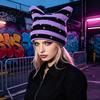 Casual Outdoor Knitted Cap Cat Ear Hat for Women Girls, Striped Slouchy Crochet Headgear Fashionable Daily Wear with Shiny Rhinestones, Cute