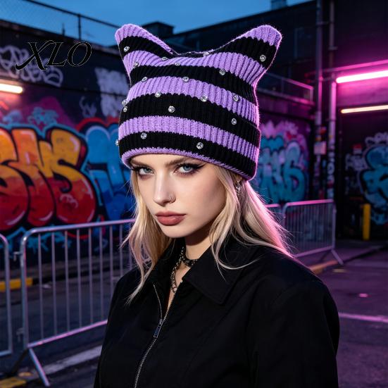 Casual Outdoor Knitted Cap Cat Ear Hat for Women Girls, Striped Slouchy Crochet Headgear Fashionable Daily Wear with Shiny Rhinestones, Cute