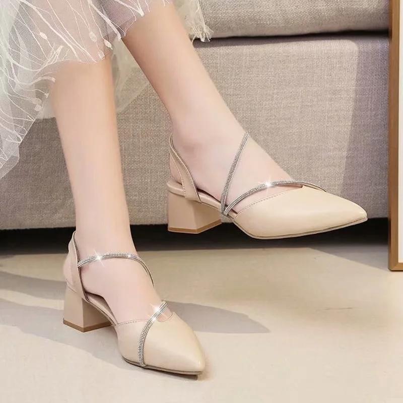 2024 Summer Shoes Women Sandals Fashion Modern Ladies High Heels Pointed toe Elegant Woman Party Shoes Square Heel 5cm D094
