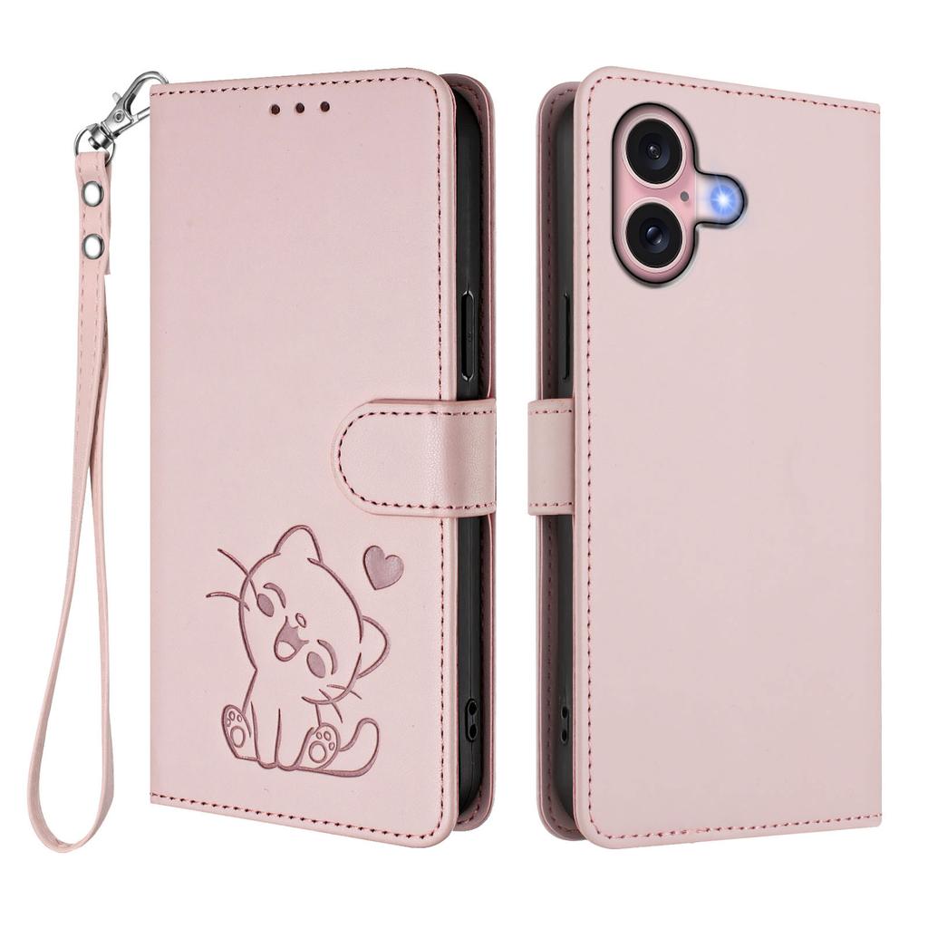 For iPhone 16 Wallet Case with Wrist Strap Love Cat Pattern Imprint Leather Phone Cover