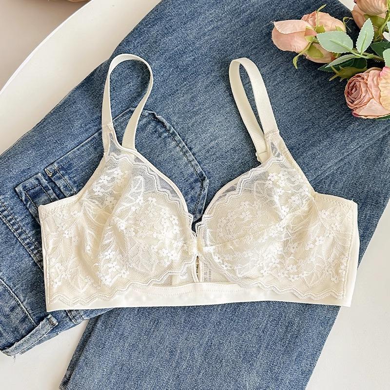 French Lace Crystal Cup Wireless Bra, Ultra Thin Minimizer Side Gathering Anti-Sag Bra for Full Bust Summer Women