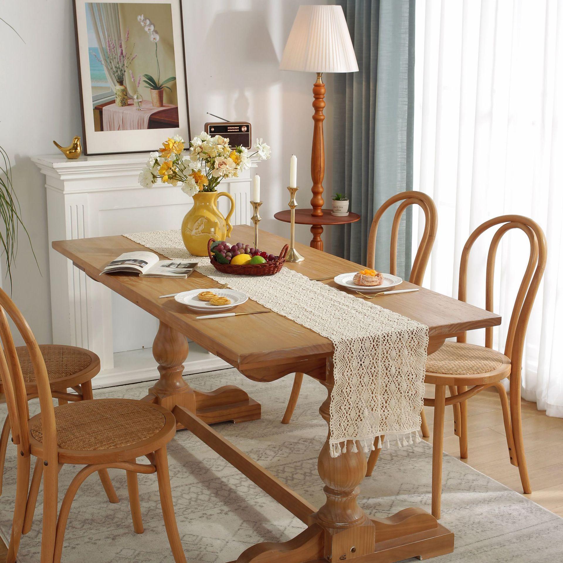 

Wide Splicing Pastoral Crochet Knitted Hollow Dining Table Cloth Tassel Table Flag Manufacturer 30x140