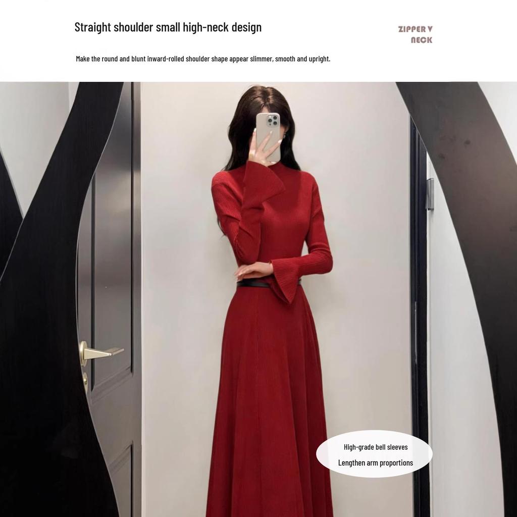 Women's Long Red Knit Dress with Coat Layer, Slim Fit, Pear Shape - Perfect for Autumn and Winter