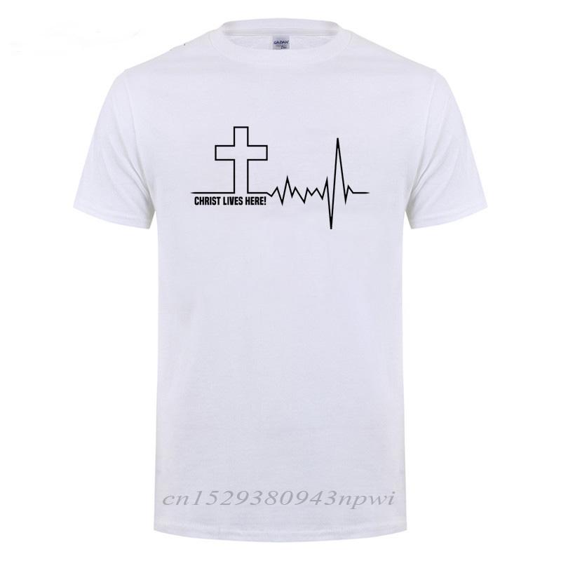 Christ Lives Here Cross Heartbeat Christian Jesus Faith Inspirational T Shirt TShirt For Men Male Short Sleeve Cotton Tshirt
