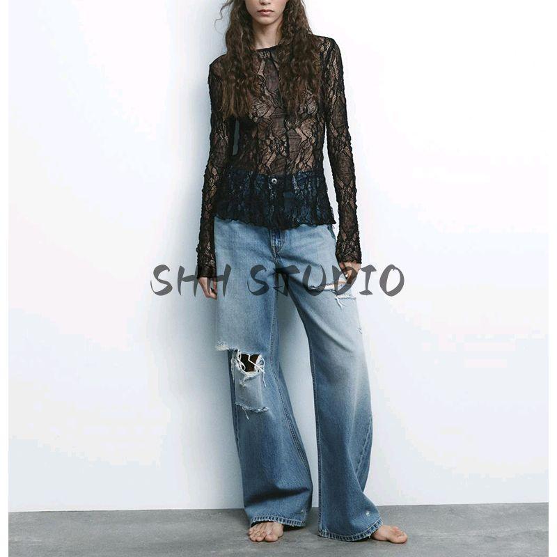 Spring New Women's Clothing Sexy Pure Desire Style Silm Long Sleeves round Neck Translucent Lace Tops 6050308
