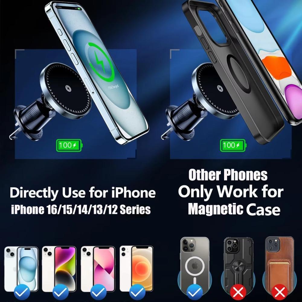2025 Magnetic Wireless Car Phone Charger Adapter 15W Air Vent Car Phone Holder for IPhone 16 15 14 13 Pro Max Plus 12 Samsung