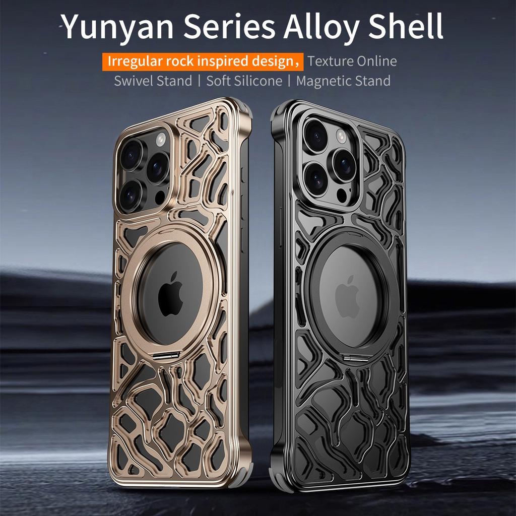 For iPhone 16 Pro Bumper Case Alloy Metal Borderless Back Cover with Magnetic Kickstand