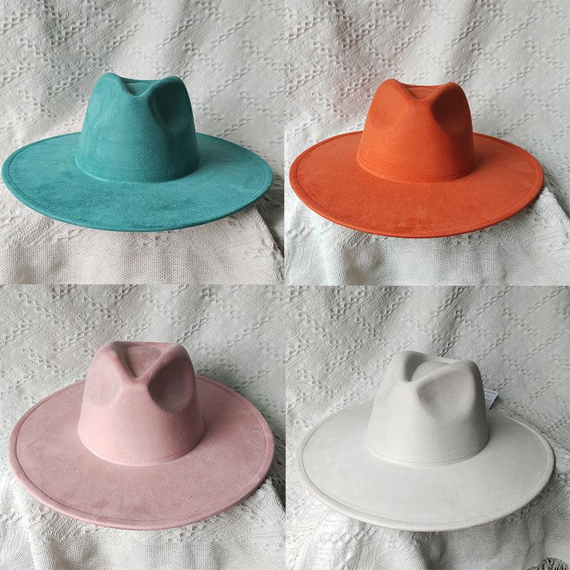 Nuovo Colore Verde Malachite Cappello a Cilindro in Pelle Scamosciata Ampio Bordo 9,5 Cm Cuore di Pesca Cappello Jazz Semplice e alla Moda