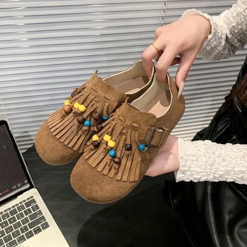 Beaded tassel fashion women's autumn and winter flat-bottomed bag head casual shoes retro with skirt lazy shoes