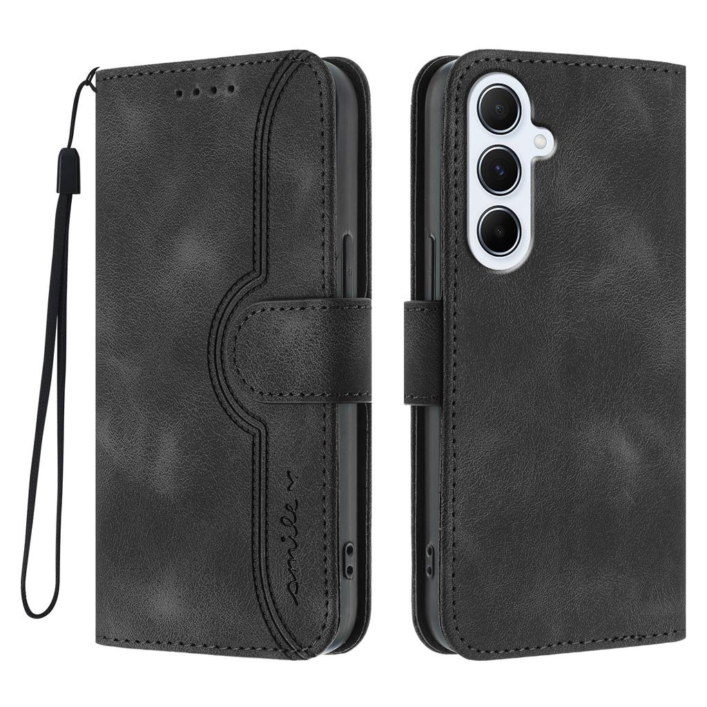For Samsung Galaxy A56 5G Leather Case Wallet Stand Smile Imprinted Phone Cover with Strap