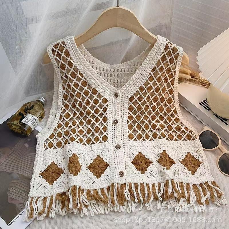 Summer Spice Girl Design Sense Crochet Hollow Suspender Women's Knitted Vest Vest Outside Sleeveless Blouse Top