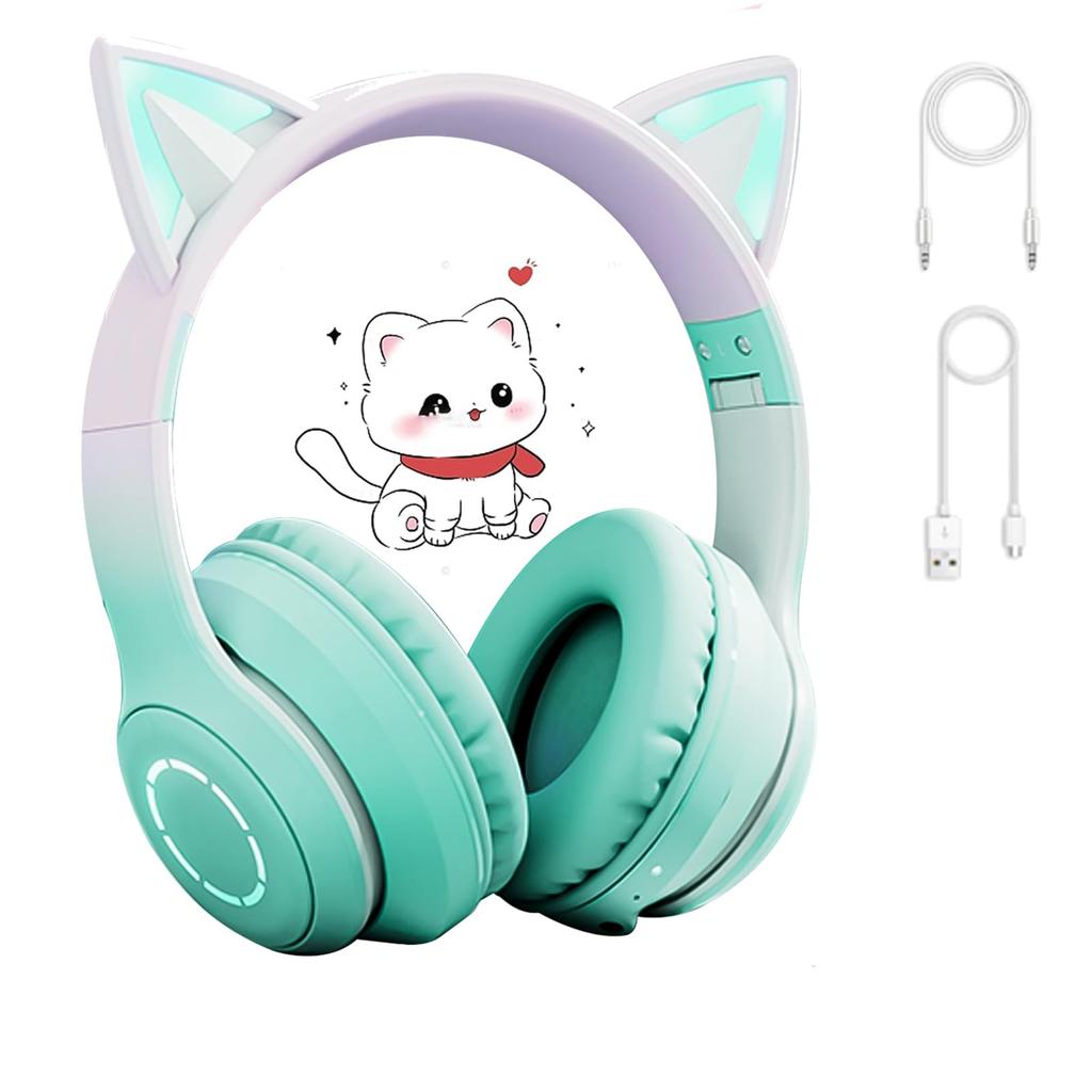 Cute Cat Ear Bluetooth Wireless Headphones with Detachable HiFi Gaming LED Rainbow Color 40mm Adjustable Perfect for and Day Gifts Headphones, 5.1
