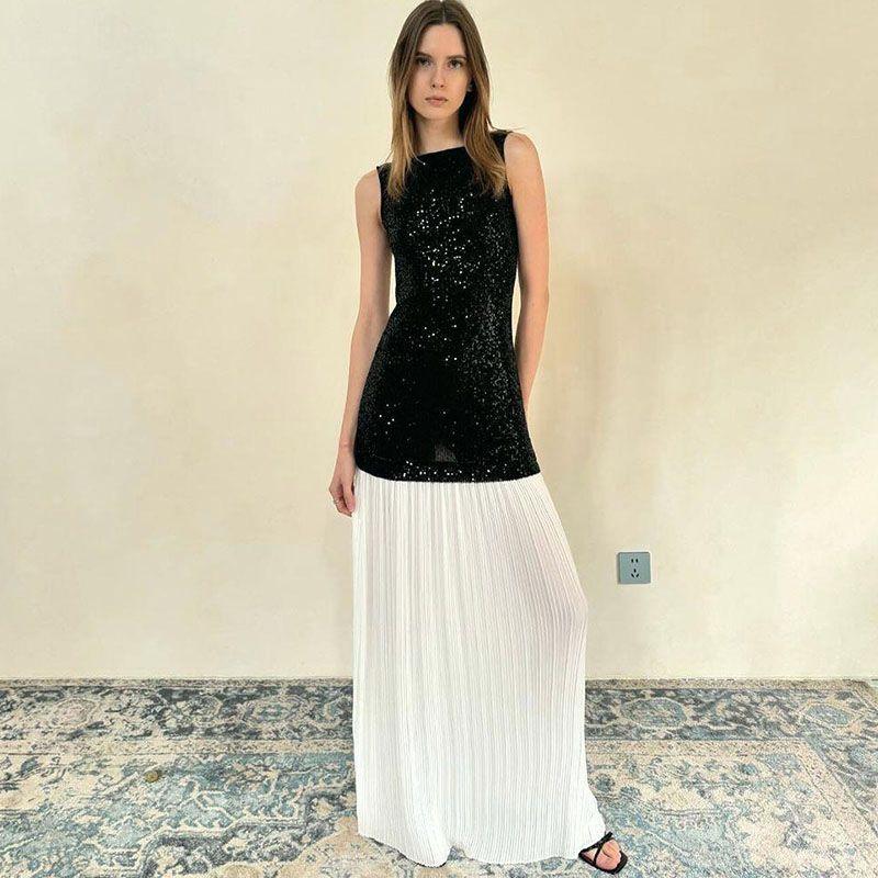 

Gusty Fancy Banquet Sleeveless Sequin Patchwork Long Dress Female Elegant Socialite Contrast Color Sexy Backless Dress Black S