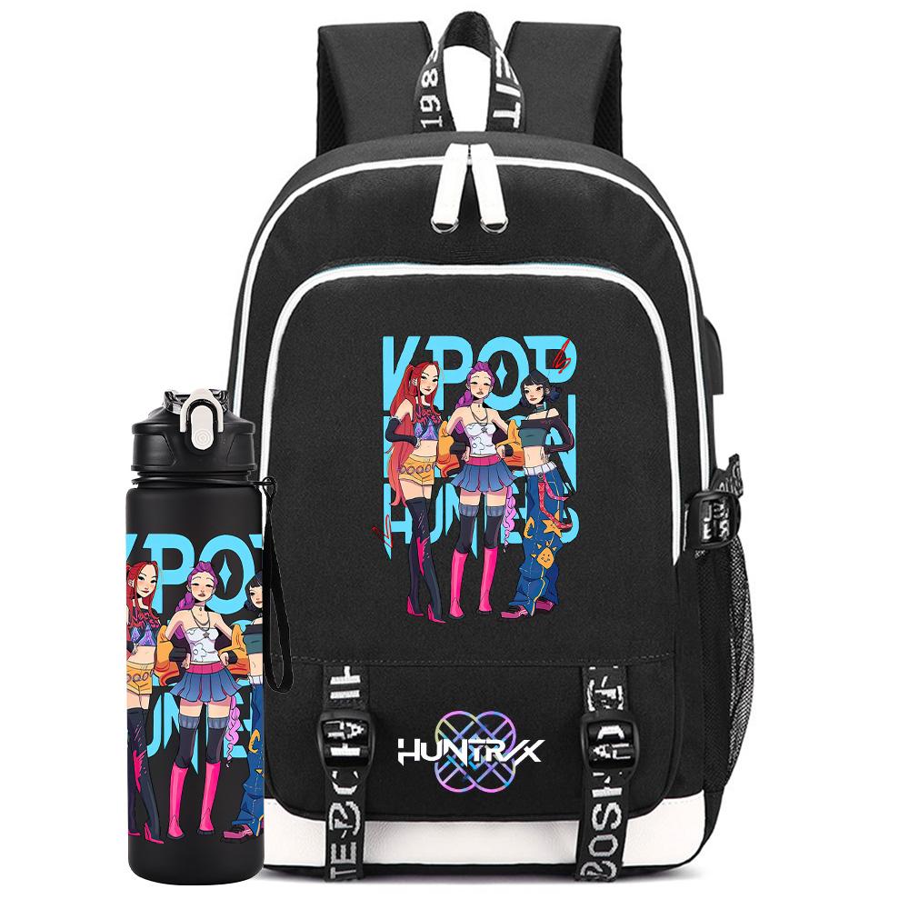 2Pcs/set Anime K-Pop Printed Backpack with 750Ml Water Bottler for Teenager Student Girl Boy Bookbag Kid Gift Large Capacity Travel Bag Rucksak