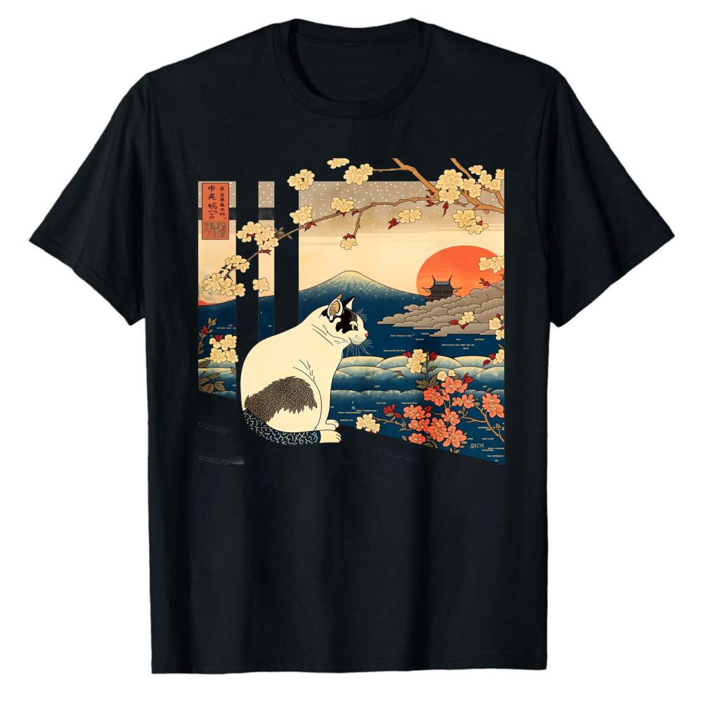 Ukiyo-E Art Vintage Japanese Cat Graphic T-Shirt Landscape Cherry Blossoms Mount Fuji Red Sun P