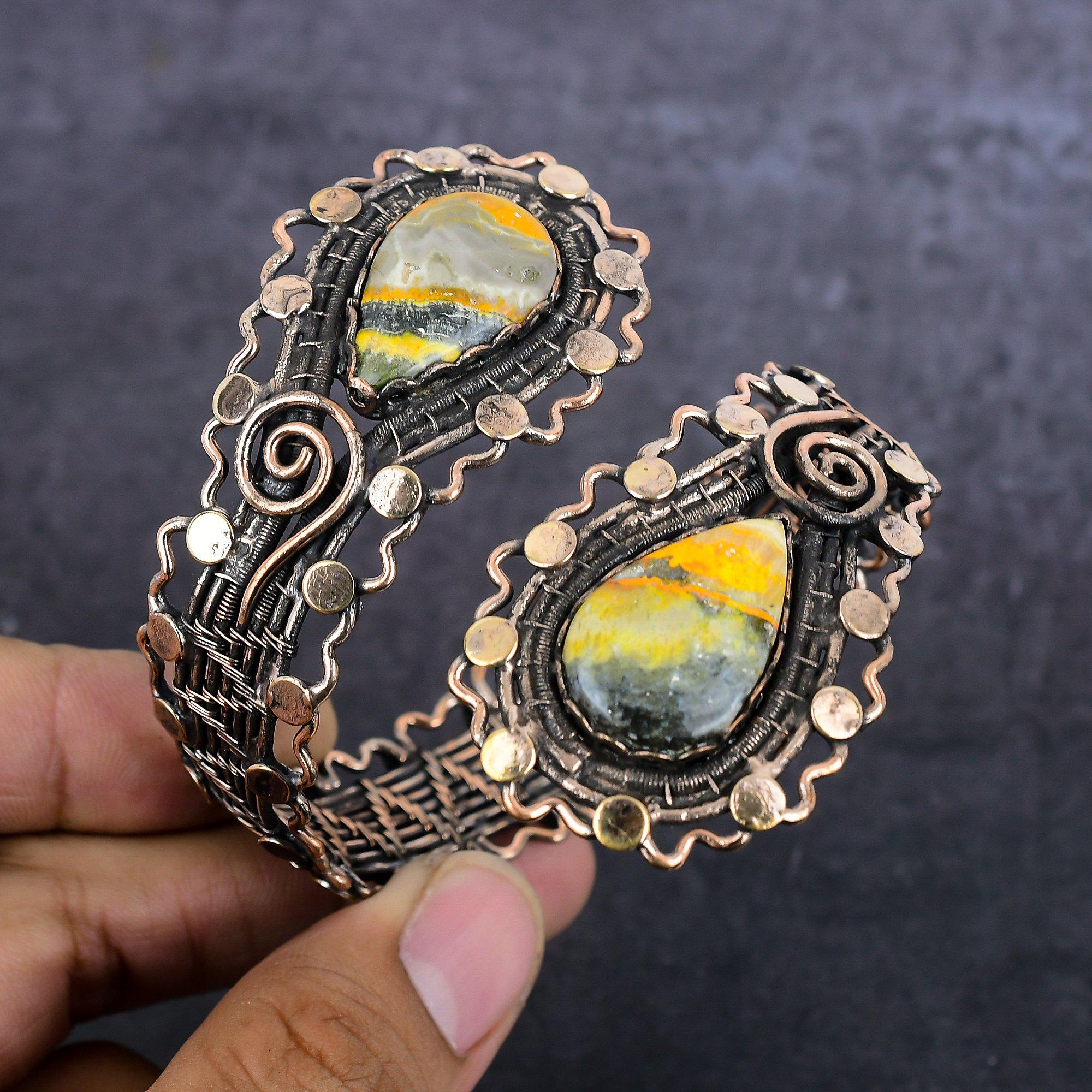 

Bumble Bee Jasper Gemstone Handmade Copper Wire Wrap Cuff Bangle Adjustable h4B36