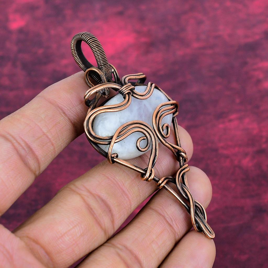 Rainbow Moonstone Pendant Copper Wire Wrapped Gemstone Pendant Handmade Jewelry