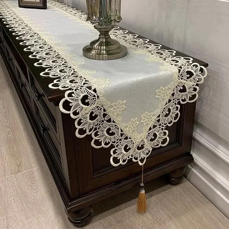 Tv Cabinet Lace Tablecloth  Embroidered Tassel Dining Table Flag Shoe Cabinet Long Striptransparent Yarn Dust Cover Cloth