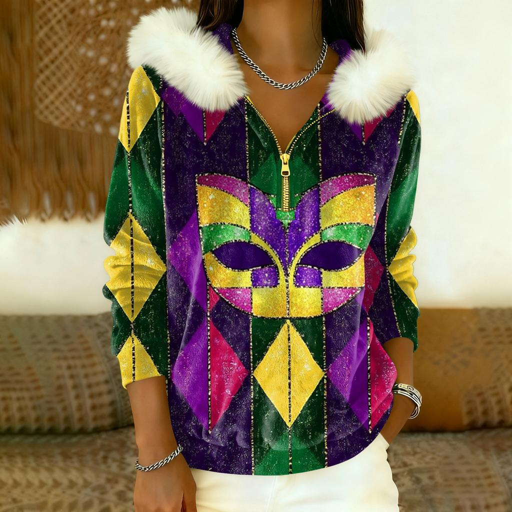 Damen Lockerer Und Bequemer Lässiger Mode Halb-Reißverschluss Kapuzenpullover Langarm Karnevals-Print Oberteil