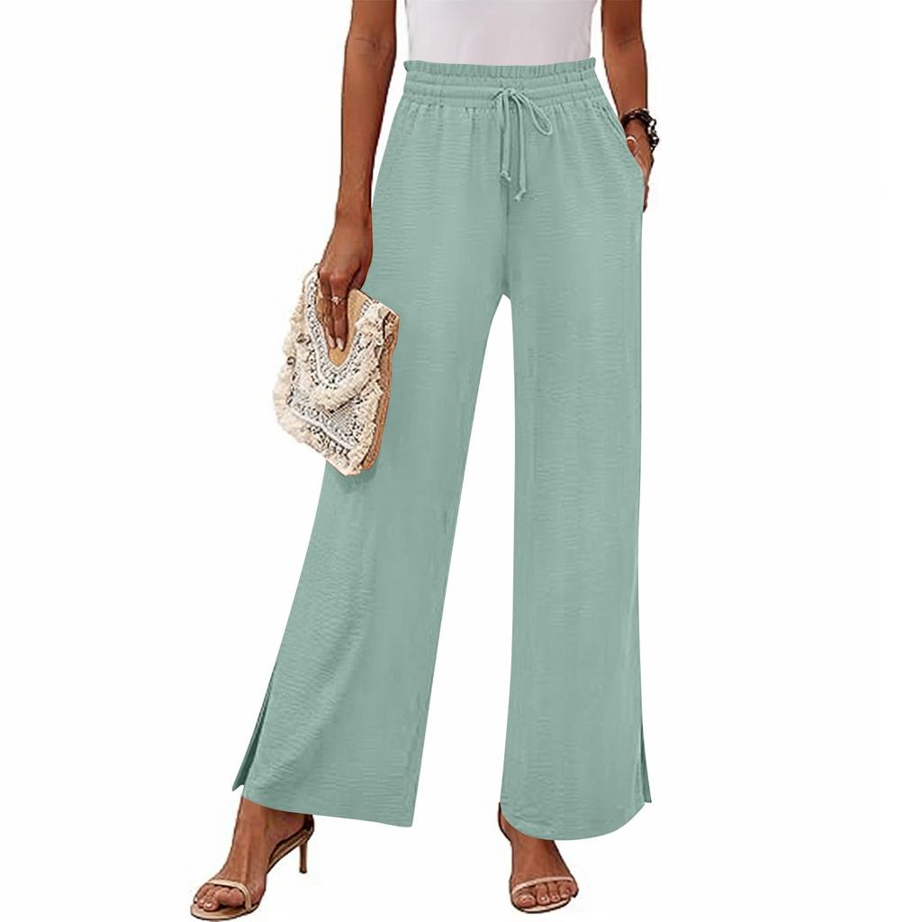 Women's Fashion Loose Wide Leg Pants Slits At The Cuffs Elastic Waist Drawstring Pockets Casual Pants