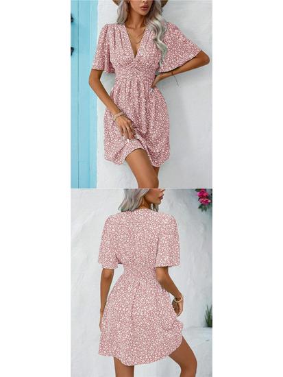 Summer Floral V-Neck Midi Dress with Pleated Skirt and Mid Sleeves