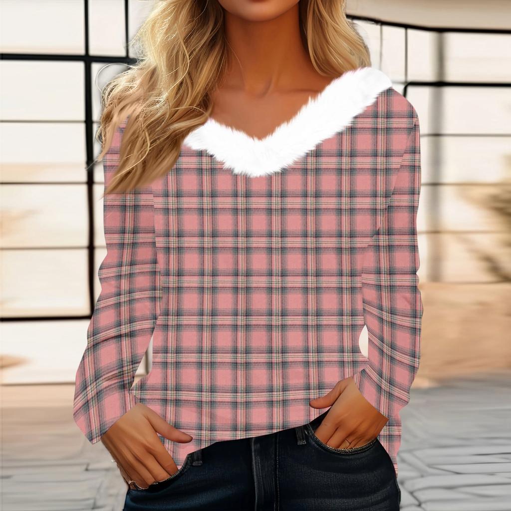 Women's Fashion Long Sleeve Plaid Print Fleece Collar V-Neck Top