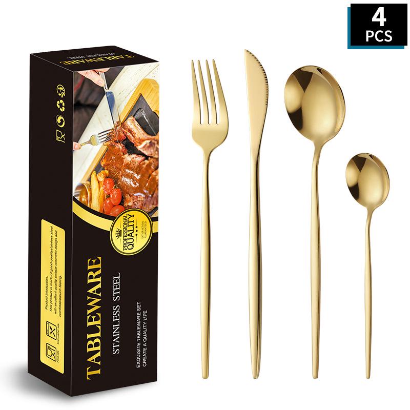 Portugal Gold Stainless Steel Cutlery Set: Four-Piece Knife, Fork, and Spoon Set for Steaks.
