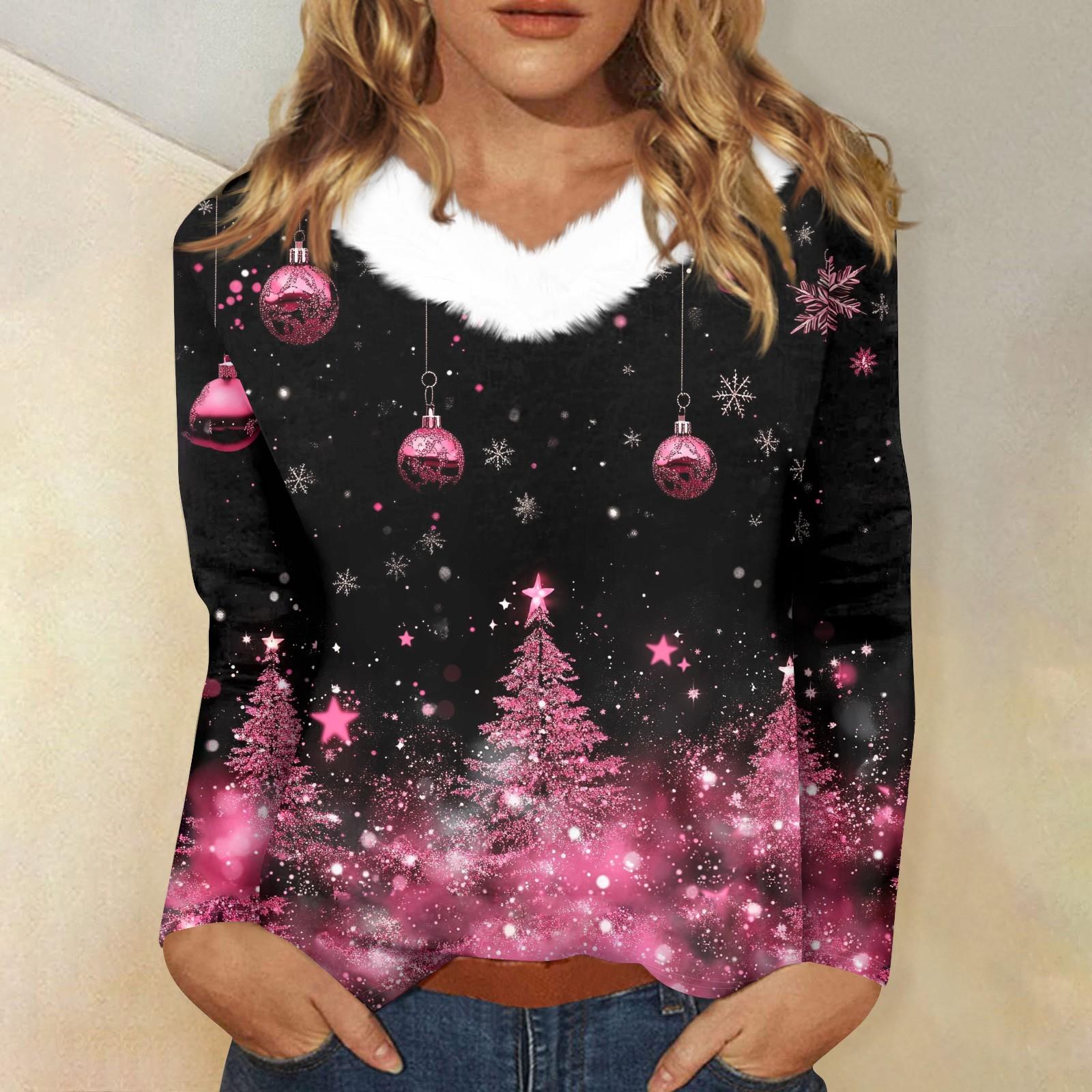 

Женская футболка с длинным рукавом, рождественская вечеринка, плюшевый воротник, топ с V-образным вырезом XXL розовый