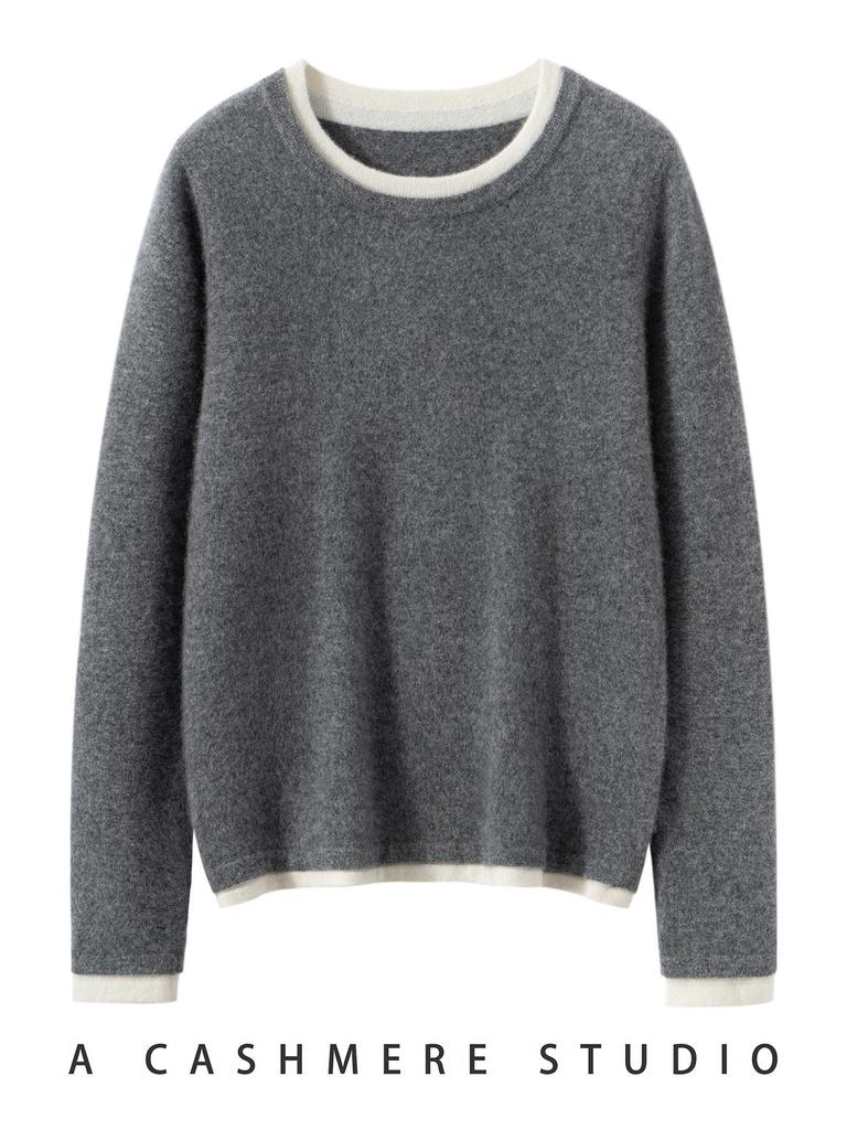 Women's 100% Cashmere Slimming Round Neck Color Block Two-Piece Look Knit Sweater
