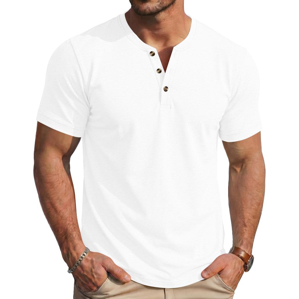 Men's Summer Casual Slim Fit Muscle Texture Henley Short Sleeve T Shirt Lightweight Breathable Vintage Style Tee