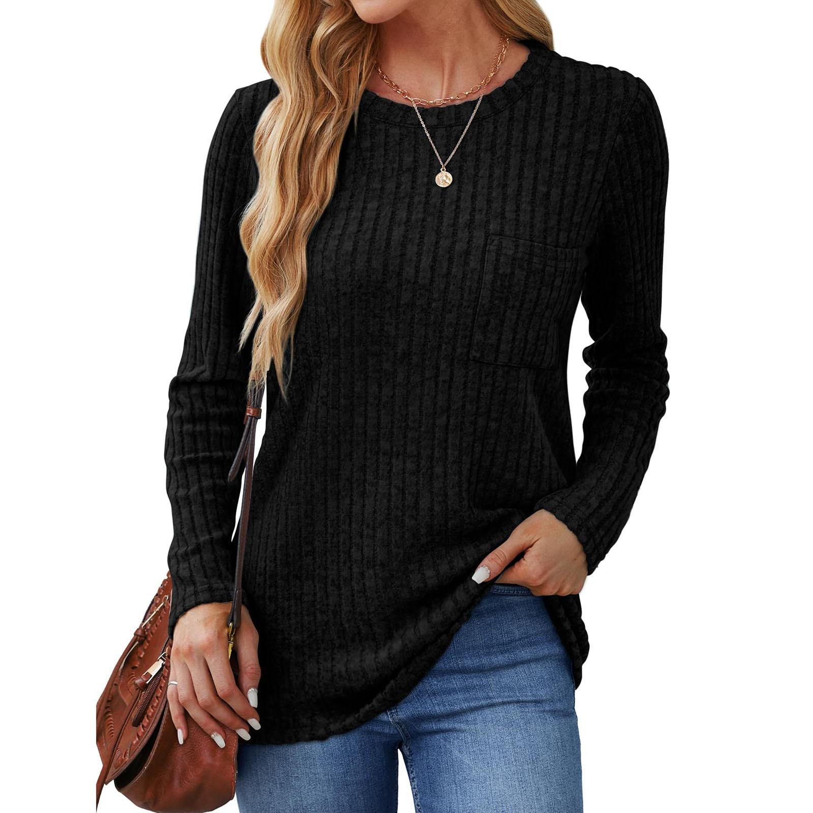 

Рубашки с длинным рукавом для женщин, легкая толстовка с круглым вырезом, повседневная туника, топы для женщин с карманом, мода XXL чёрный