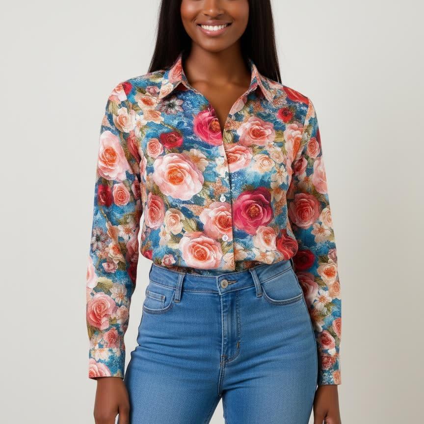 2026 Retro Floral 90s Hong Kong Style Women s Red Long Sleeve Shirt Medium