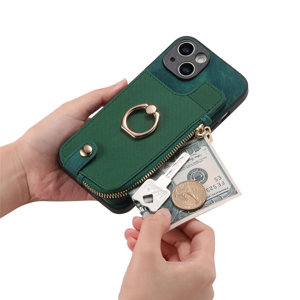 Vertical Cards Slot Ring Holder Zipper Wallet Case For iPhone 15 Pro Max 14 Plus 13 12 11 XS X XR 7 8 SE 2022 Bag Pocket Cover