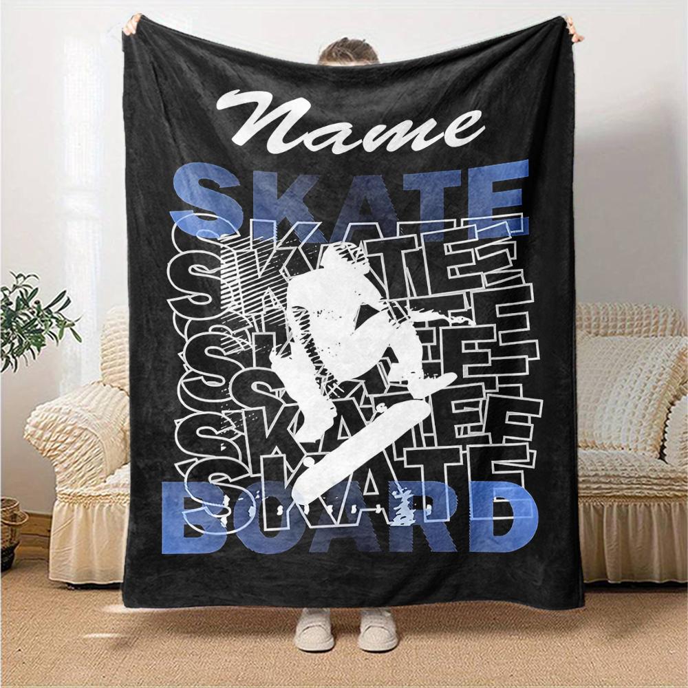 Custom Name skateboard Theme Printed Blanket - Perfect for Couch, Bed, Travel & Outdoor Use | Machine Washable, Cozy & Durable.