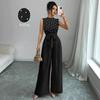 Women Beaded Sleeveless Wide Leg Jumpsuit Solid Color Belted Waist Elegant One Piece Outfit