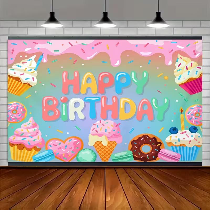 2D Dessert Themed Birthday Backdrop with Cupcakes, Donuts and Ice Cream Party Banner