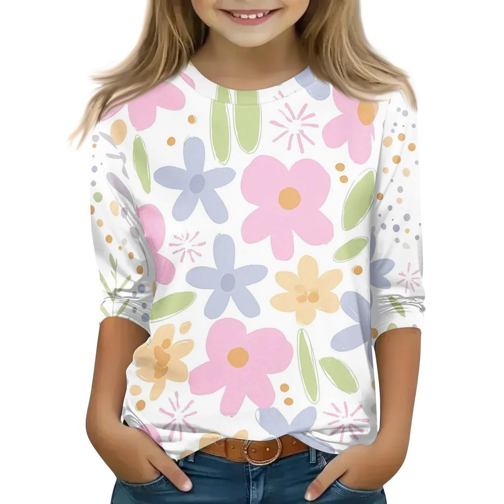 Kid's Round Neck Cute Flower Day Print Lightweight Spring/Summer Top
