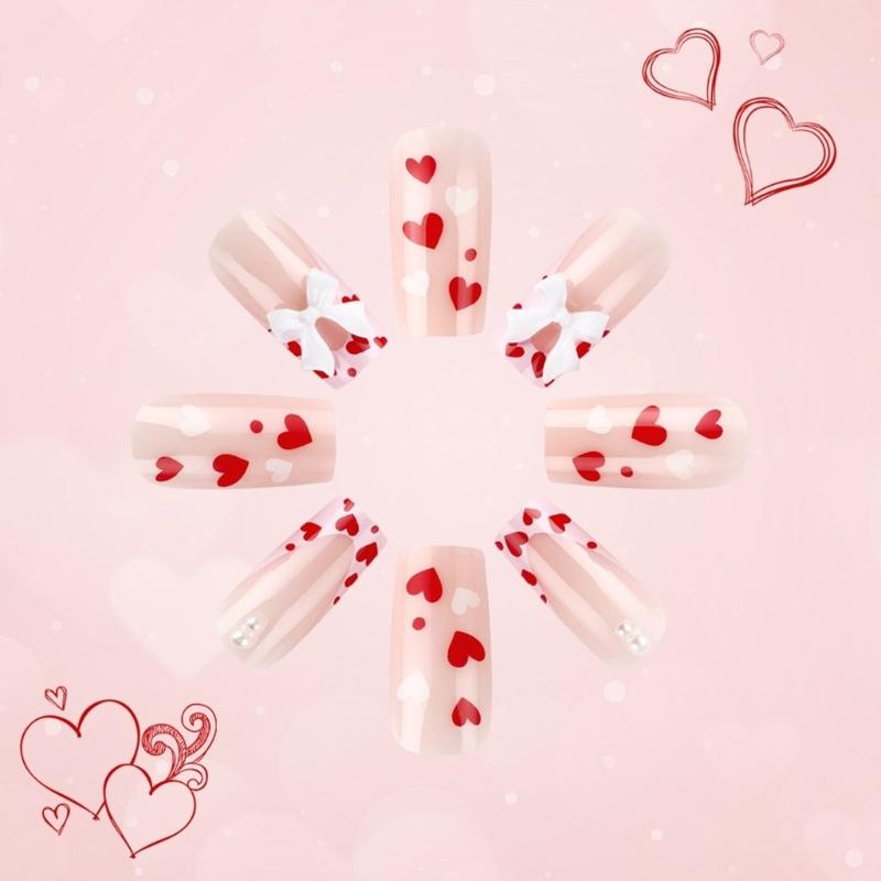 24Pcs Medium Square Stick on Nails with Elegant Bows Charms Press on Nails False Nail Manicure for Special Occasion