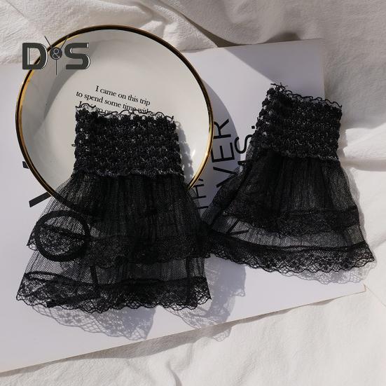 1 par kvinnor balhandskar genomskinliga spetsar ihåliga volangkanter tunn handledsmanschett fingerlösa föreställningar brud bröllopsvantar