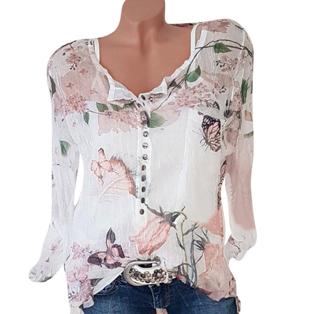 Women Casual Floral Printed Button T-Shirt Chiffon Irregular Hem Top Blouse