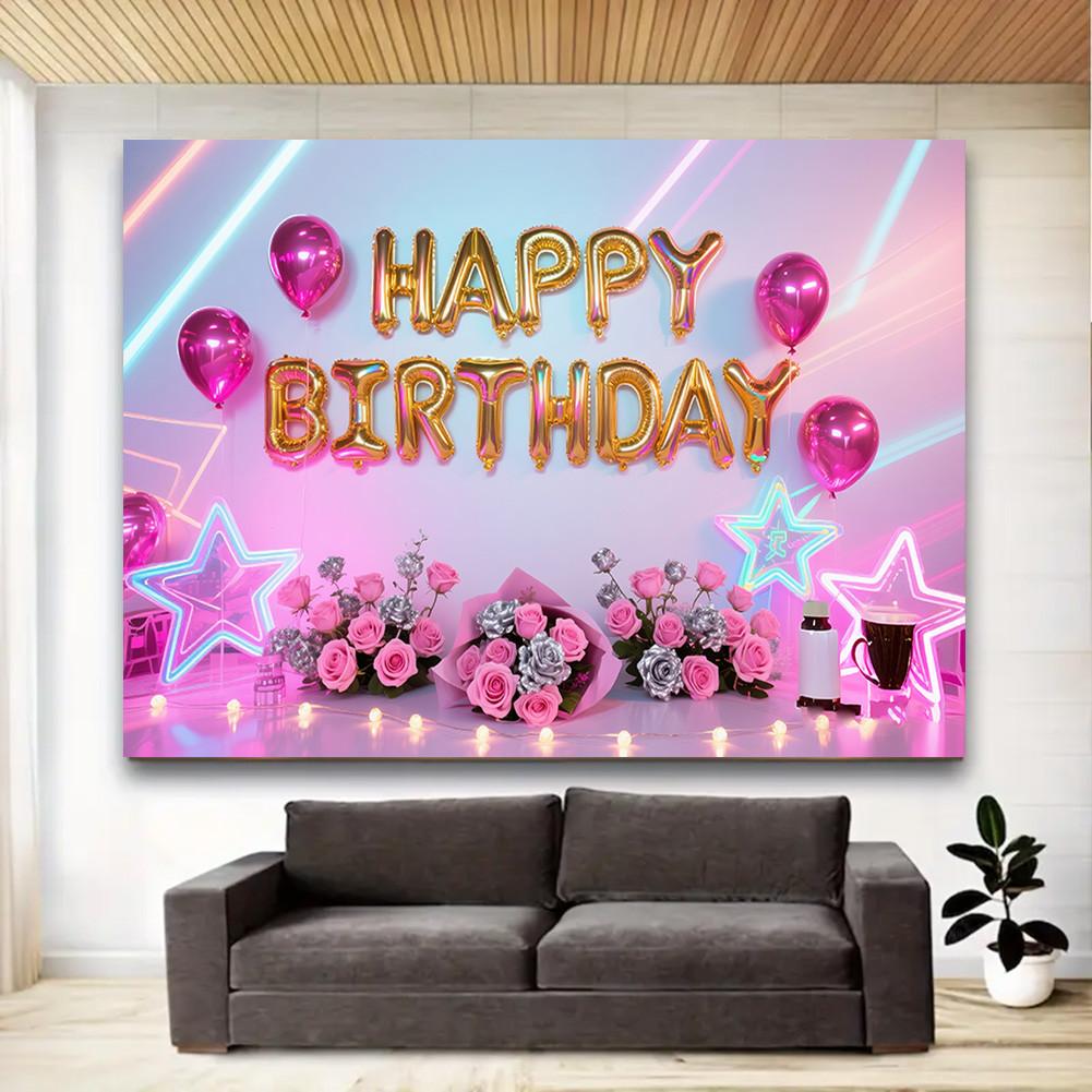 Balloons,Flowers,Stars Theme-Happy Birthday Backdrop Polyester for Photo Booth,Party Event,Indoor/Outdoor Celebrations