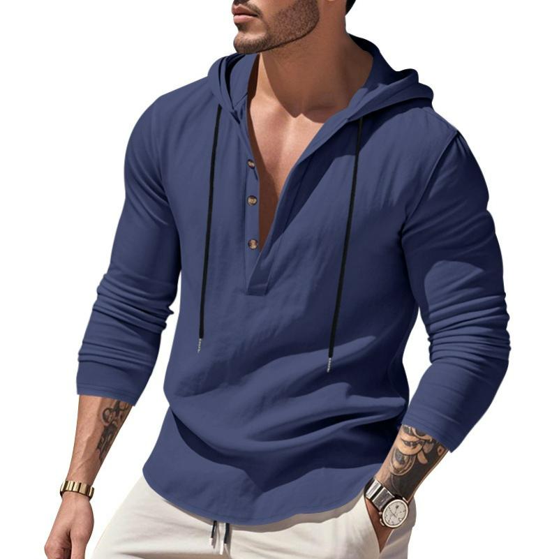 Men's Spring and Autumn Long-sleeved Linen Shirt Hooded Bottoming Shirt Casual T-shirt Sweater Men
