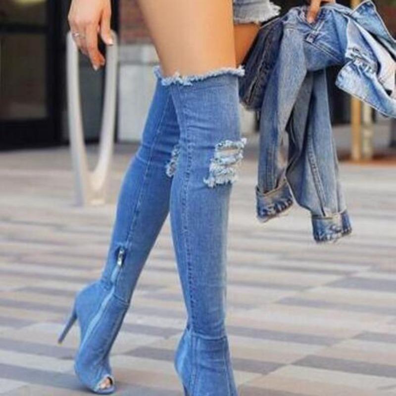 2025 Сапоги Женские Летние Осенние Ботфорты С Открытым Носком Выше Колена Синий Деним Джинсы Молния Длинные Сапоги Обувь Женская 35 4283₽