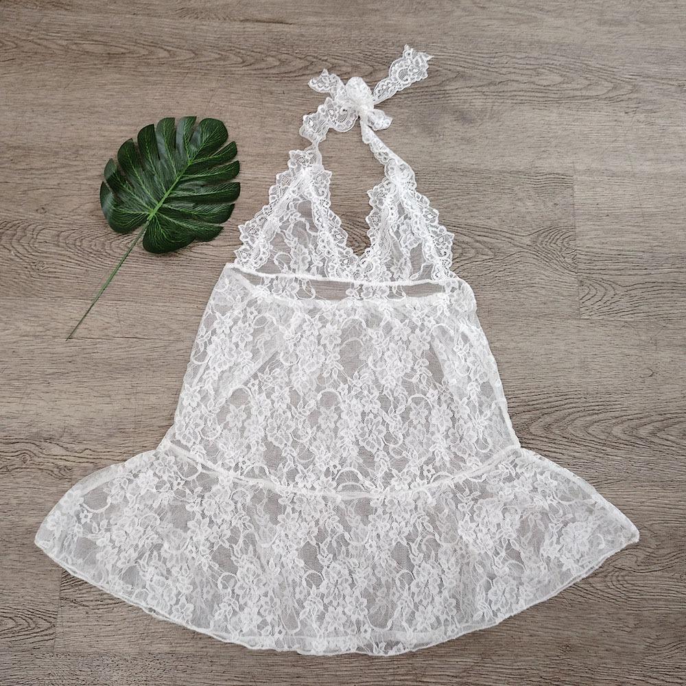 

Elegant Transparent Lace Halter Dress V-neck Beachwear Lace-up Short Skirts A-line Spicy Girl Style Dresses Women For Girls One Size